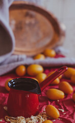 Red Turk for coffee, still life. Selective focus, processed in vintage style