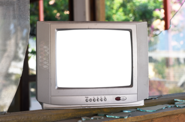 Old white screen TV in an abandoned hotel. Vintage TVs from the 1980s 1990s 2000s.