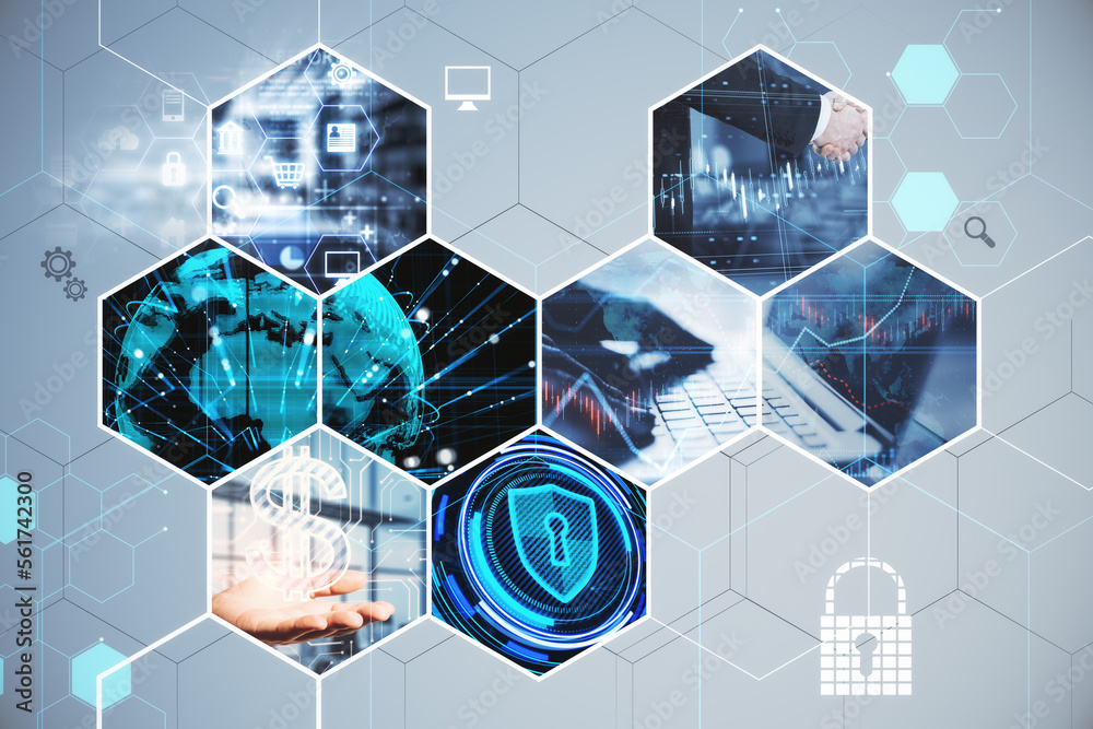 Poster creative business hexagons with different digital work concepts on blurry backdrop. double exposure.
