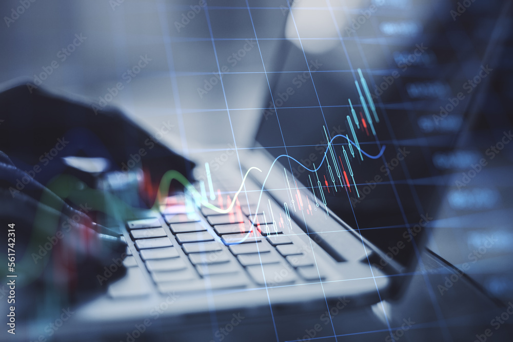 Poster close up of backlit female hands using laptop keyboard with growing forex chart on blurry background