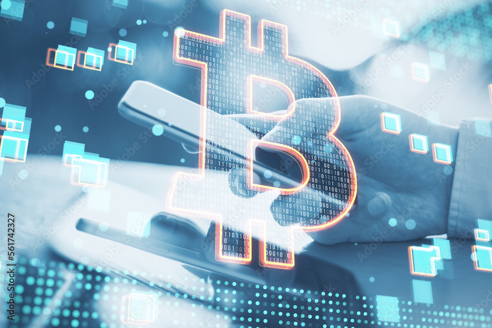 Poster close up of hand using cellphone with glowing bitcoin hologram on blurry background. cryptocurrency,