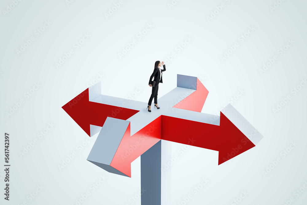 Poster looking for a solution and right decision concept with looking into the distance businesswoman stayi