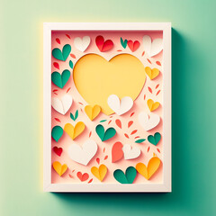 Valentines day card with a lot of hearts in frame on green background.