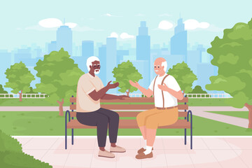 Spending time together flat color vector illustration. Elderly friends having conversation on bench. Fully editable 2D simple cartoon characters with public green space, skyscrapers on background