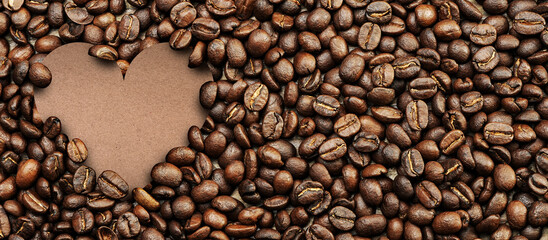 Coffee beans and heart shape with copy space