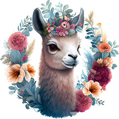 Obraz premium Cute Watercolor Funny Lama Background with Flower