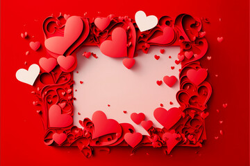 Valentines day hearts made frame for text on red background, mock up copyspace.