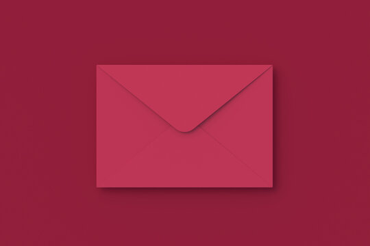 Envelope of magenta on red background. Color of the year 2023. 3d render