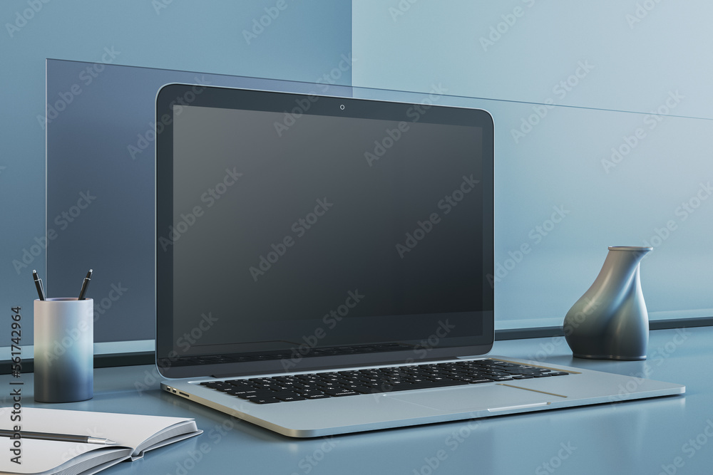 Poster Close up of empty laptop screen on blue office desktop with supplies and mock up place. Workspace concept. 3D Rendering.