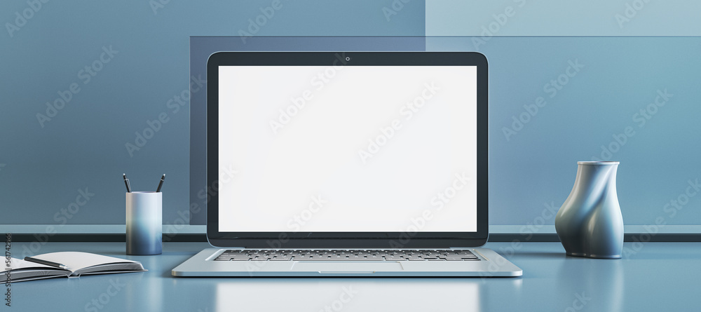 Poster Close up of empty white laptop display on blue office desktop with supplies and mock up place. Workspace concept. 3D Rendering.