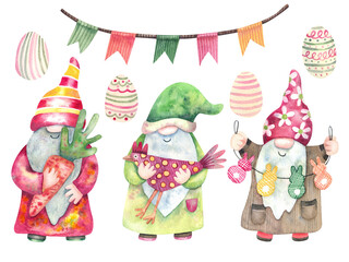 Spring clipart  with funny gnomes, garland and colorful eggs. Hand painted watercolor illustrations set. Great for Easter designs, greeting cards,  posters. .