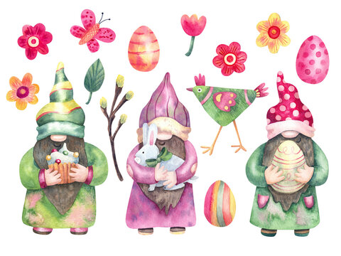 Spring set with gnomes, flowers and colorful eggs. Hand painted watercolor illustrations set. Great for Easter designs, greeting cards,  posters. 	
