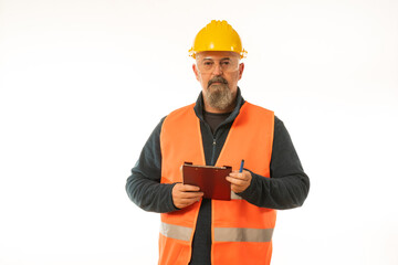 Professional engineer inspector foreman at work , construction manager working in manufacturing technology, man at work concept, on white background in yellow helmet and orange vest.