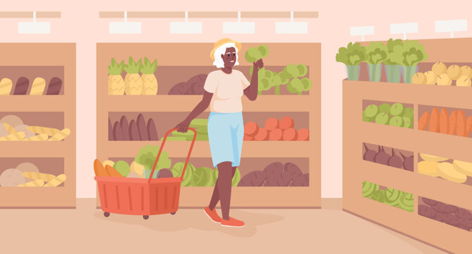 Elderly lady choosing healthy veggies for dinner flat color vector illustration. Senior woman with grocery cart. Fully editable 2D simple cartoon character with wooden sections on background