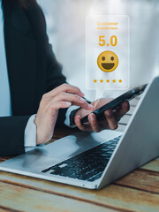 Customer review, satisfaction, feedback, survey concepts. The User giving 5 stars rating with smile...