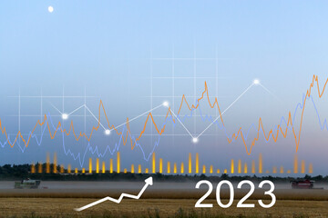Harvester machine works in the field. Wheat growth chart, wheat harvesting. The year is 2023. Copy Space