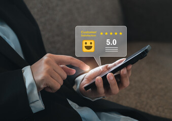 Customer review, satisfaction, feedback, survey concepts. The User giving 5 stars point rating with...