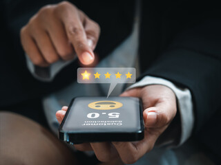 Customer review, satisfaction, feedback, survey concepts. The User giving 5 stars point rating with...