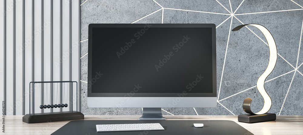 Poster Close up of professional designer desk top with empty black computer monitor, various items and light concrete wall. Mock up, 3D Rendering.