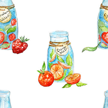 Seamless watercolor pattern. Hand drawn fruit water in a glass bottle with orange, strawberry, mint on a white background. Summer, food, drinks