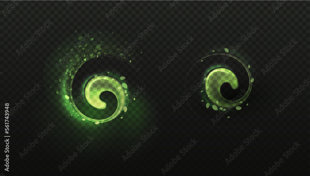 Poster green swirl effect of freshness with leaves. spiral neon traces concept of magic and energy. the mov