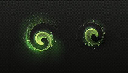 Green swirl effect of freshness with leaves. Spiral neon traces concept of magic and energy. The movement of a minty refreshing stream of air. Vector illustration