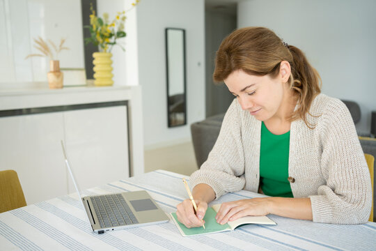 Freelancer Woman Making Notes In Note Pad On Desk At Home Office