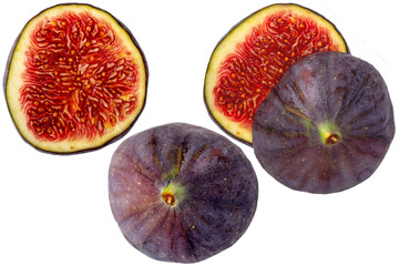 Close-up of a fresh sliced ripe purple fig fruit in three views isolated on a white background. Concept health.