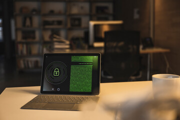 Tablet PC with security system and data on screen in office