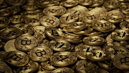 Bitcoin Cryptocurrency represented as Gold Coins. Digital Finance Wallpaper. 3D Render.