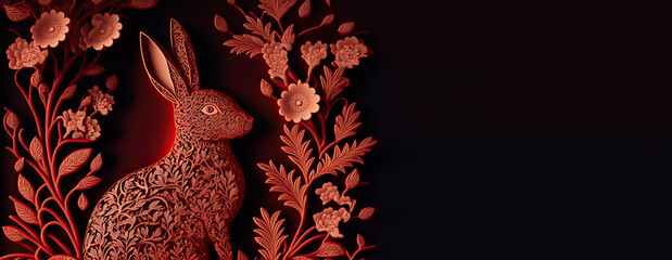 Ornate Chinese Rabbit with Paper Craft Flowers. Red and Black Lunar New Year Banner with copy-space.