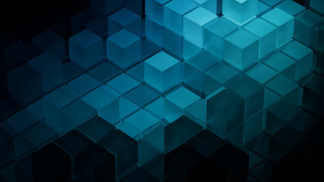 Teal and Blue, Translucent Blocks Neatly Aligned to create a Contemporary Tech Wallpaper. 3D Render.