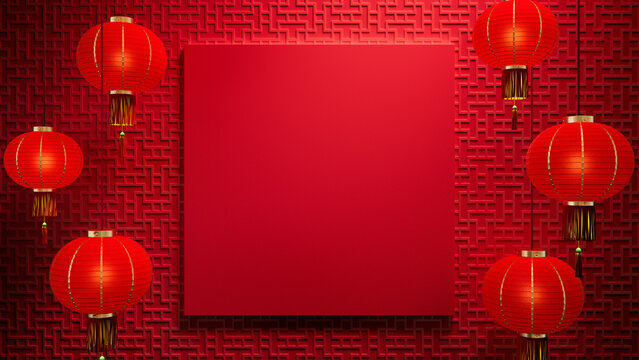 Red Asian Design Template featuring Square Frame and Lanterns  with copy-space. Lunar New Year Background with 3D Pattern.