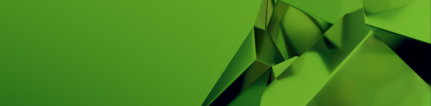 Modern Abstract Banner, with Refractive Glass Shapes. Colorful, Green 3D Render with copy-space. 