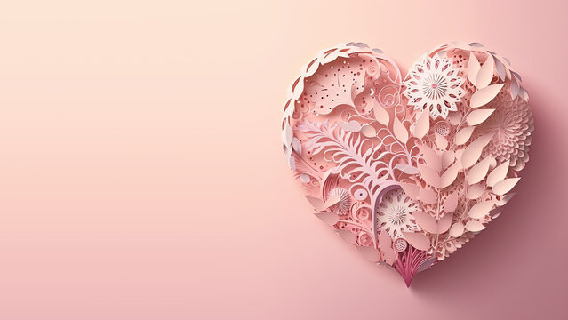 Beautiful Valentine's Day Background with Pink Love Heart. Paper Cut Flowers Design with copy-space. Generative AI.
