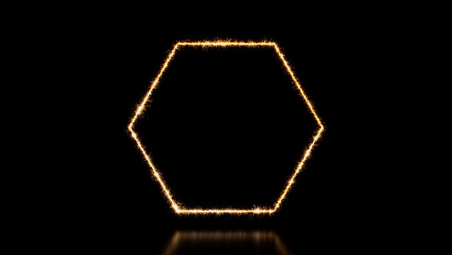 Hexagon Shape as a Sparkler Firework Frame. Gold and Black Holiday Background with copy space.