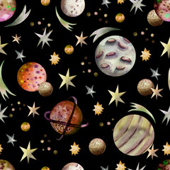 Hand-drawn elements on a space theme. Planets, starfall, meteorites, comets, stars. Seamless watercolor pattern on a black background.