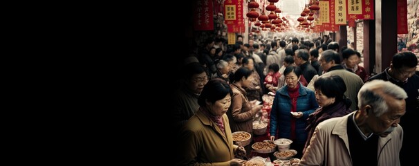 Chinese New Year Busy Street Market,  copy space generative ai