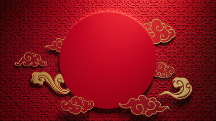 Red Asian Design Template featuring Circle Frame and Clouds  with copy-space. Chinese New Year Background with 3D Pattern.
