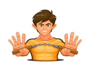 Kungfu man holding nunchaku weapon. martial art character mascot cartoon illustration vector - obrazy, fototapety, plakaty