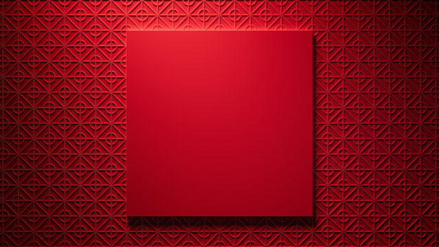 Red Eastern Design Background, with Square Frame on 3D Pattern. Lunar New Year Template with copy-space.