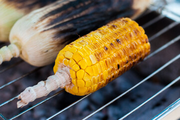 Charcoal-grilled corn using charcoal made from rubber wood