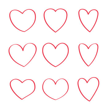 Set Of Red Line Doodle Hearts