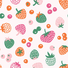 Flat fruit seamless pattern in hand-drawn style. Vector repeat background with berries. Fresh food fabric design.