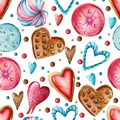 Seamless watercolor pattern with waffles, hurts, lollipops and sweets on white background.  Design for wrapping paper. 