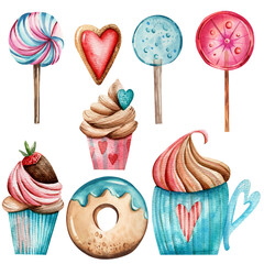 Set of watercolor illustrations. Hand drawn pink, blue lollipops, cream cupcakes, donut, cookies, cocoa cup. Valentine's day, desserts, sweets, pastries.
