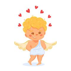 Cute shy cupid is embarrassed. Expression of love by child. Little angel boy with wings. Vector illustration for valentine day