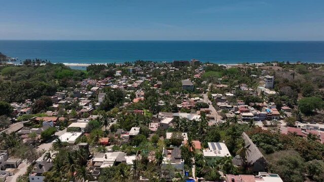 San Pancho town, Mexico. Landscape View Of San Francisco Nayarit Beach. Aerial drone fly above view high resolution 4k