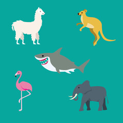 Set Cute of llama, flamingo, kangaroo, shark and elephant animal with cartoon flat style