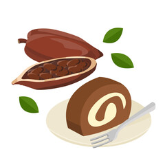 chocolate roll cake and a fresh cocoa fruit